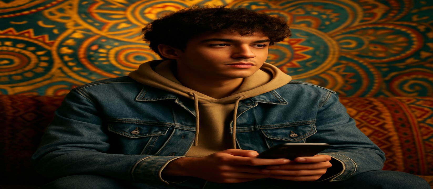 একজন ডেনিম জ্যাকেট পরা ব্যক্তি একটি সোফায় বসে হাতে ফোন নিয়ে good11 অ্যাপে গেম খেলছেন