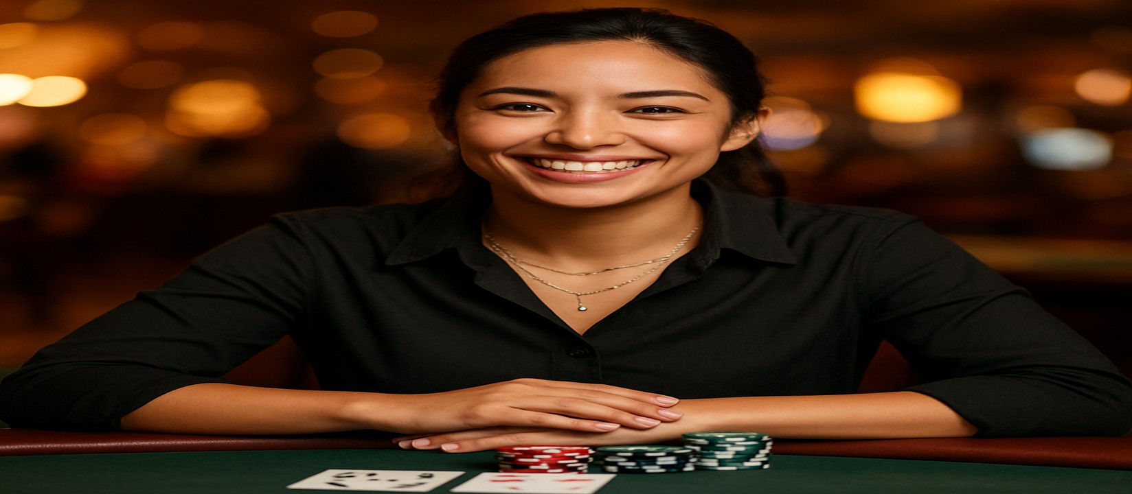 একটি হাসিখুশি মেয়ে গেমিং প্ল্যাটফর্মে একটি টেবিলে বসে সামনে খেলার চিপ ও কার্ড রাখেন, good11 প্ল্যাটফর্মে বিস্তৃত গেমের নির্বাচন প্রস্তাব করেন।