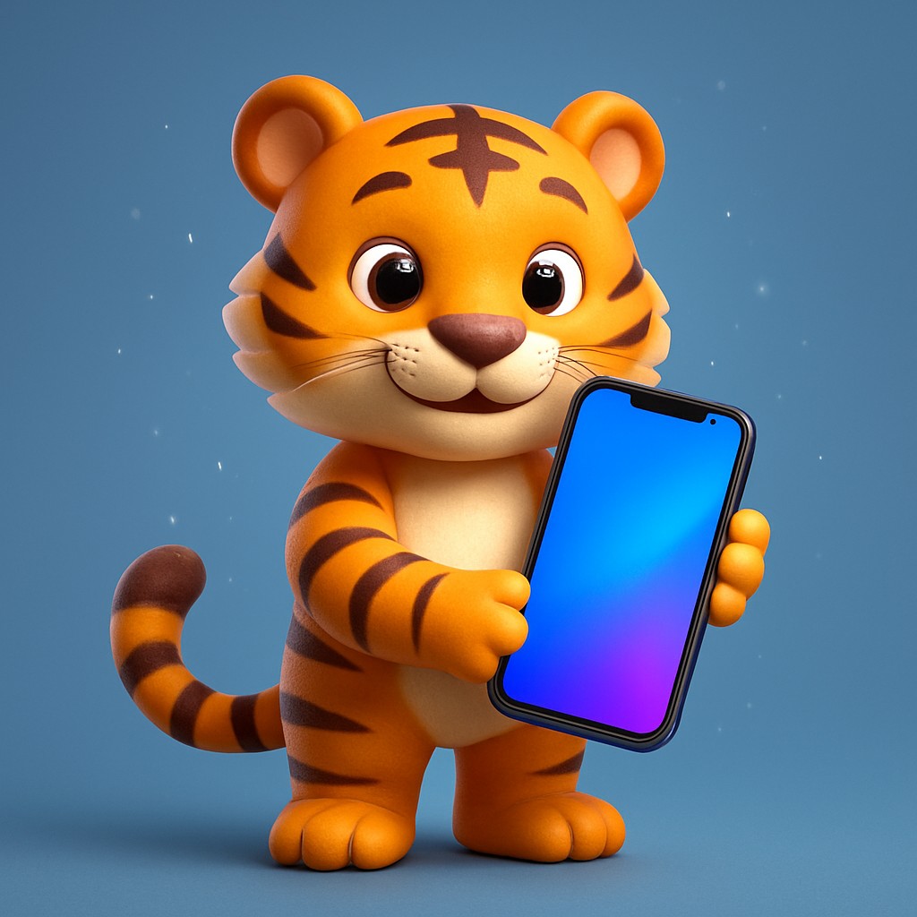 একটি কার্টুন বাঘের বাচ্চা তার মুঠোয় একটি স্মার্টফোন ধরে রাখছে, সঙ্গে রয়েছে দ্রুত ও নির্ভরযোগ্য good11 অ্যাপটি