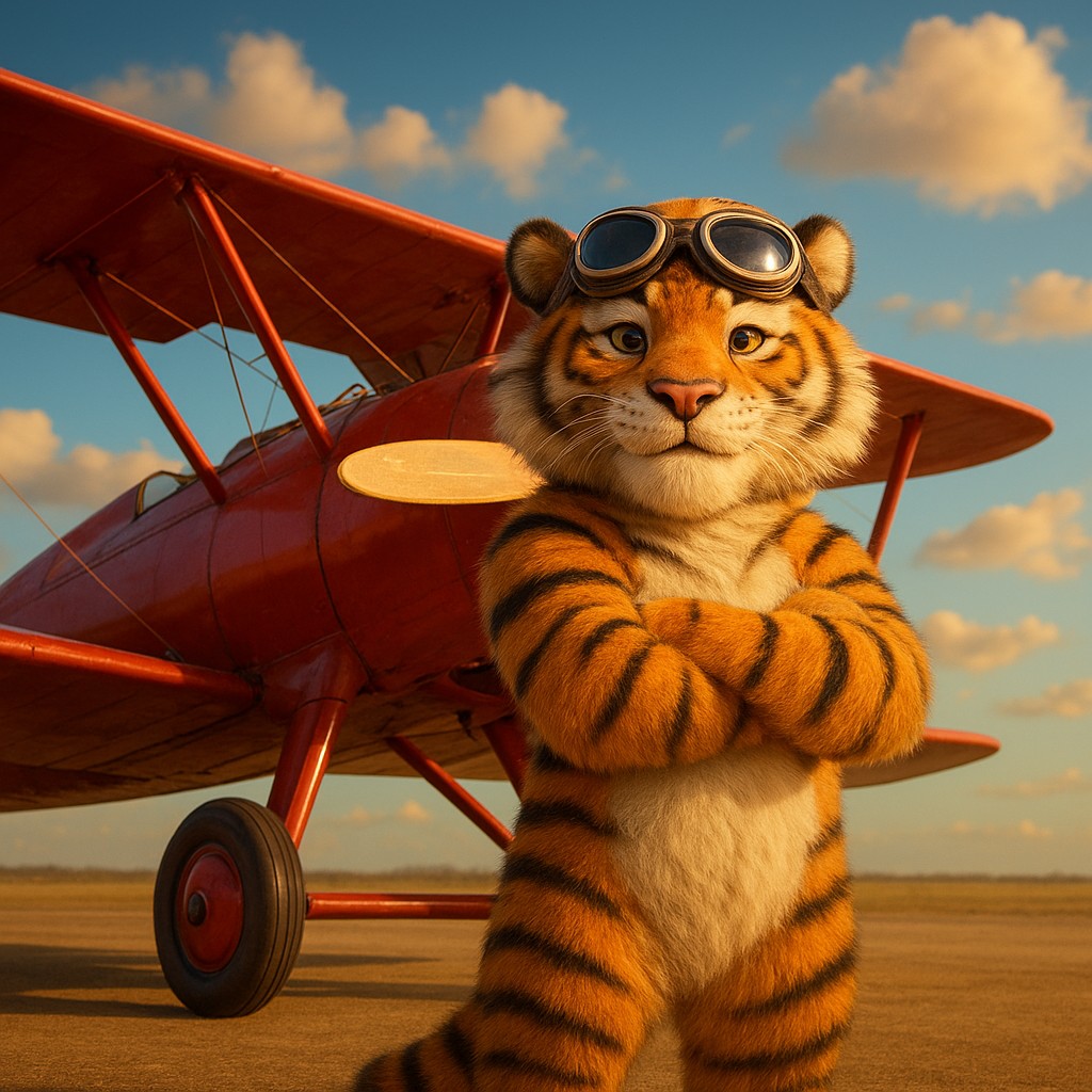 একটি বাঘ-চালিত পাইলট লাল রঙের পুরোনো বিমানের পাশে দাঁড়িয়ে অ্যাভিয়েটর গেমকে প্রতিনিধিত্ব করছে (good11).