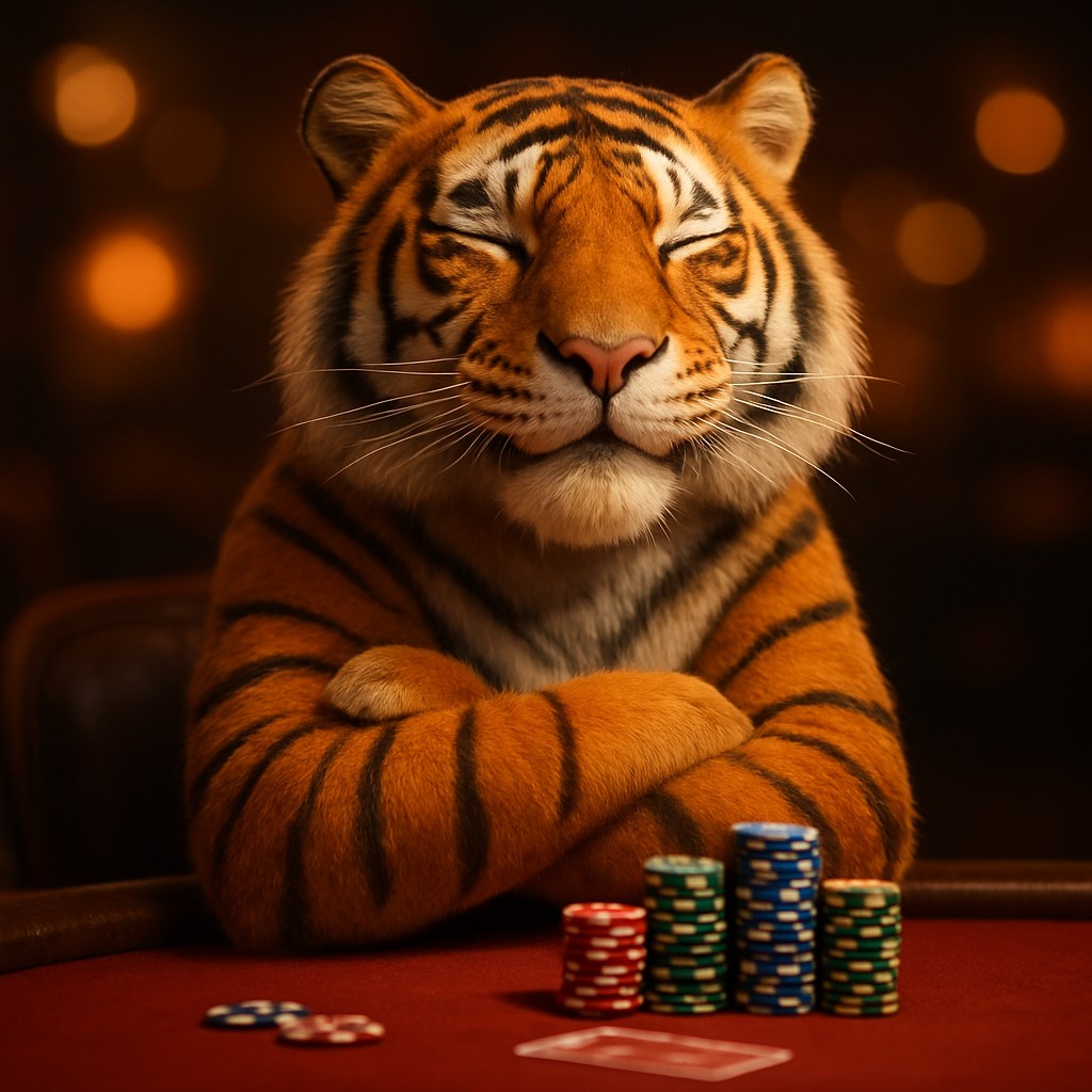 একটি হাসিখুশি বাঘছাগল good11 গেমিং প্ল্যাটফর্মে একটি খেলার টেবিলে চিপসসহ বসে আছে