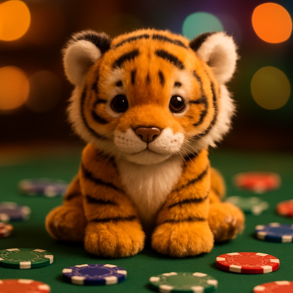 একটি ছোট বাঘের বাচ্চা টেবিলের ওপর খেলার চিপস ধরে বসে আছে।