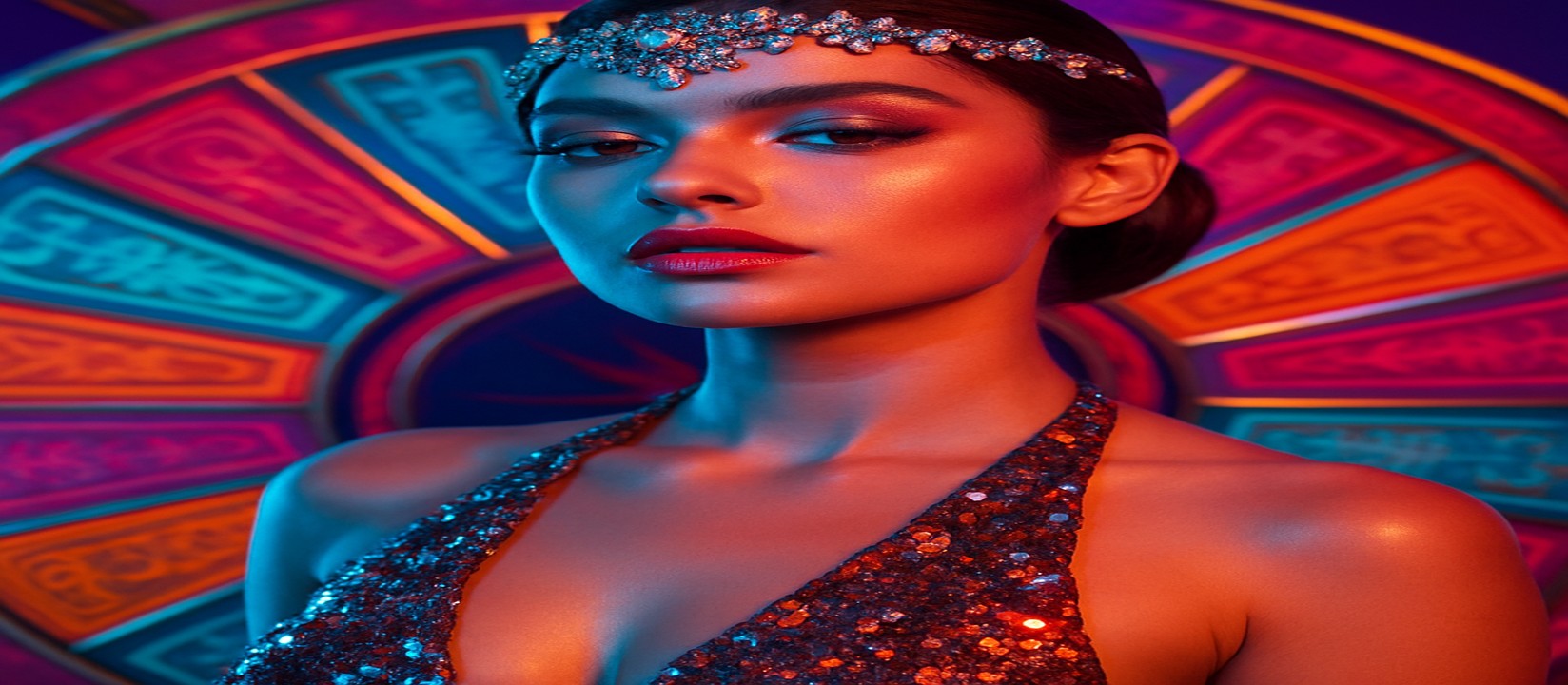 একজন নারী সিকুইন-খচিত পোশাকে, উজ্জ্বল রঙের good11 গেমিং প্ল্যাটফর্ম চাকার সামনে পোজ দিচ্ছেন