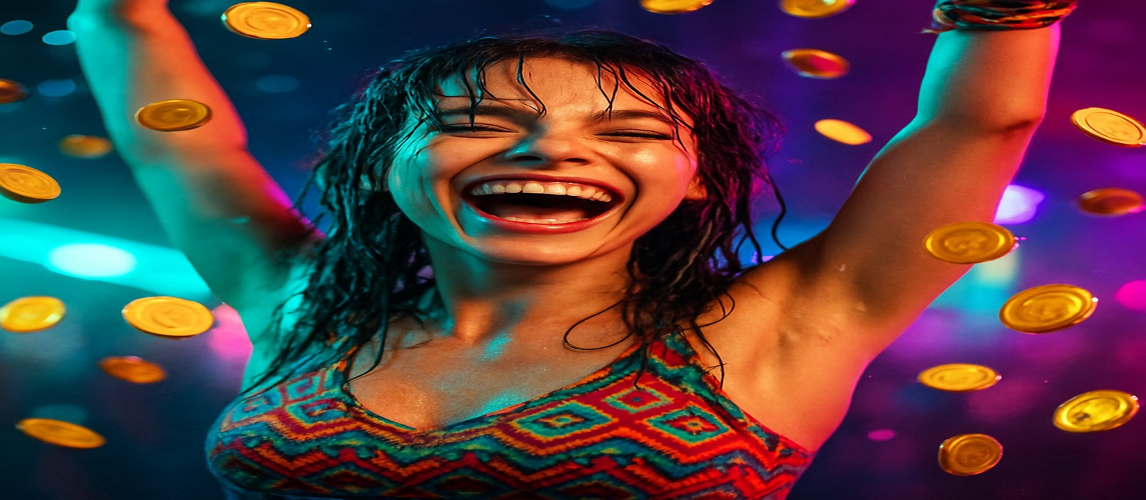 একজন নারী রঙিন টপ পরে, কয়েনের বর্ষণের মধ্যে good11 গেমিং প্ল্যাটফর্মে দাঁড়িয়ে আছেন